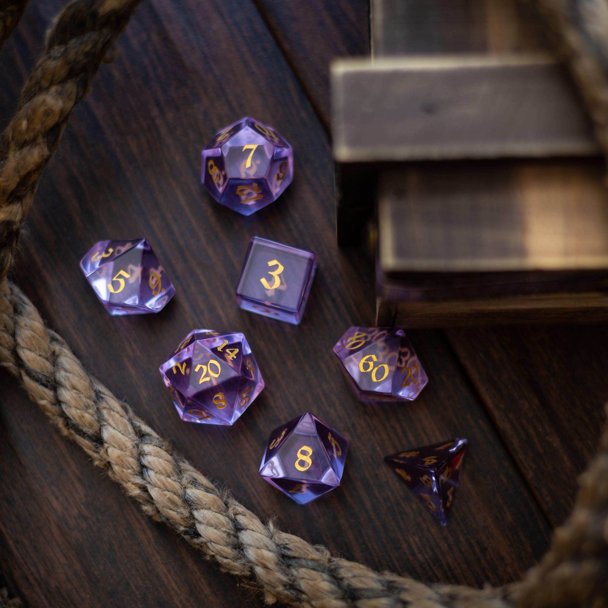 Purple Zircon Glass Hand Carved DND Dice Set - Full Set And Free Dice Box