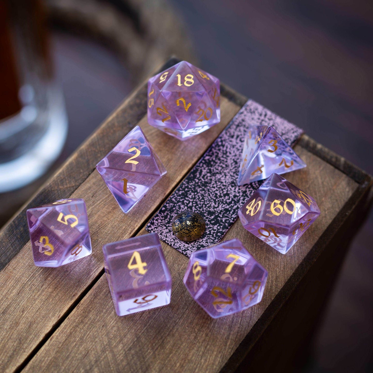 Purple Zircon Glass Hand Carved DND Dice Set - Full Set And Free Dice Box