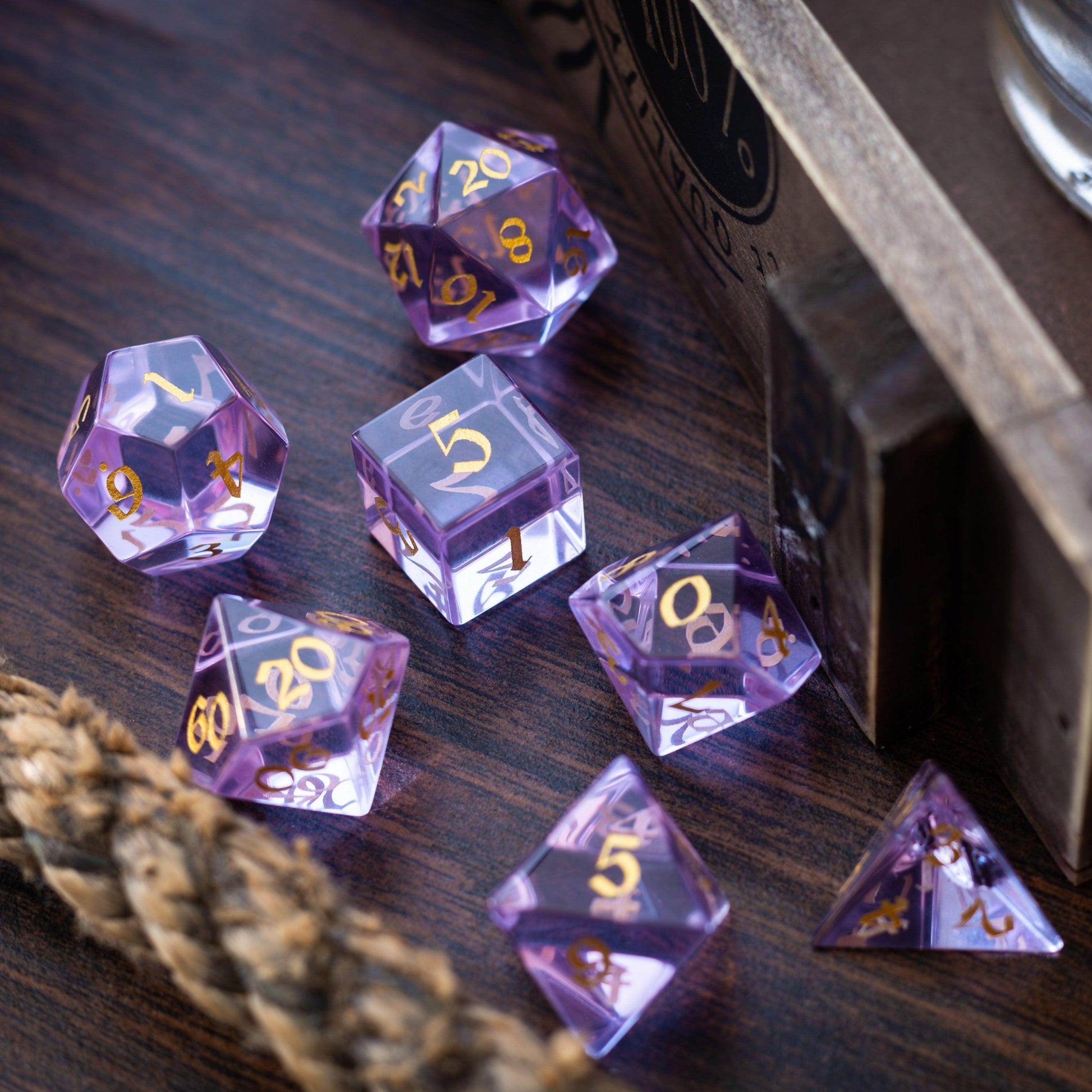 Purple Zircon Glass Hand Carved DND Dice Set - Full Set And Free Dice Box