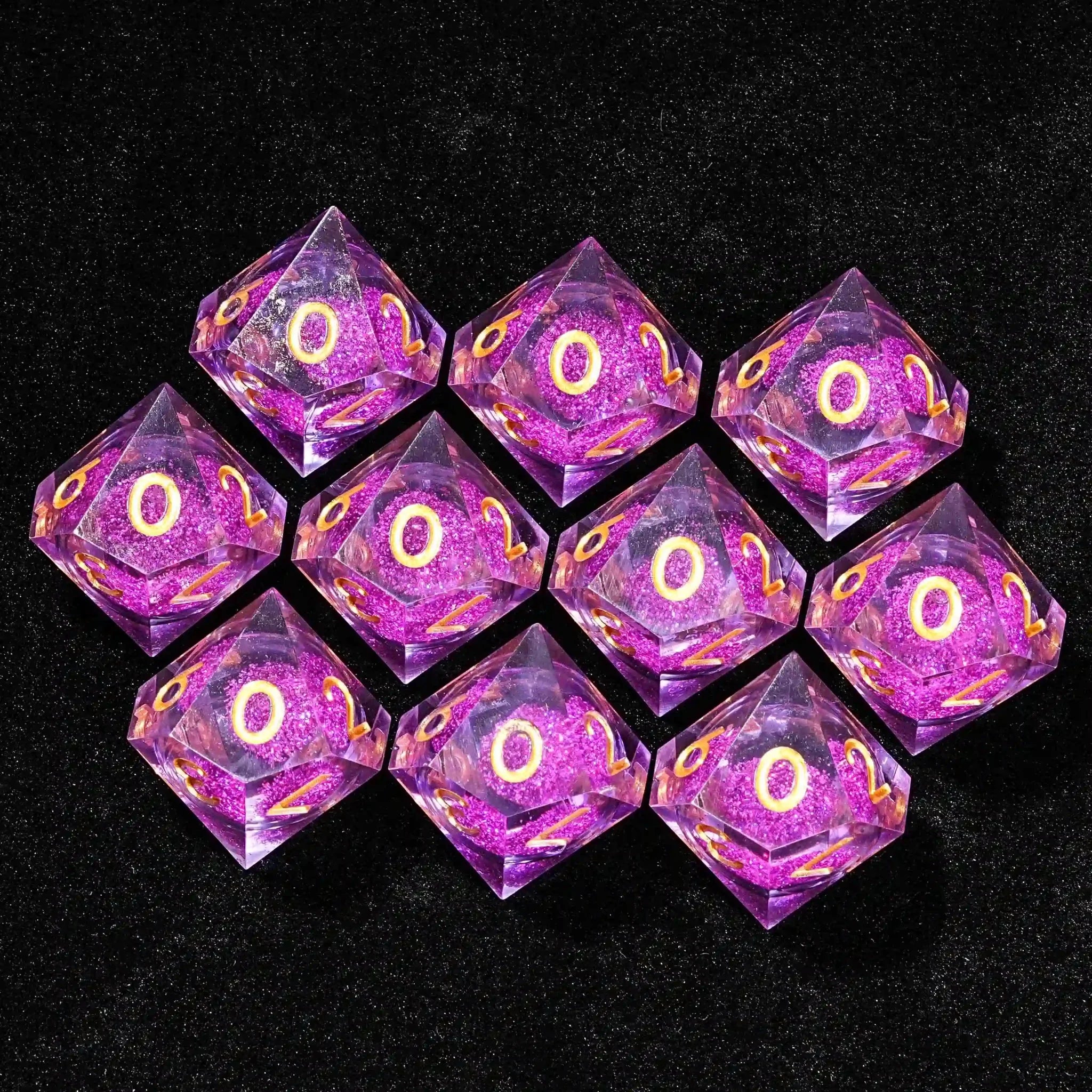Purple Quicksand Liquid Core Resin 10-Sided Dice (D10 Dice) with Gold Numbers