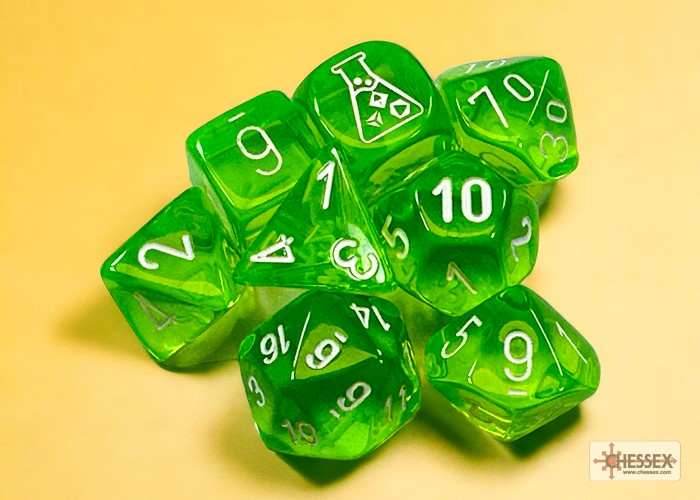 Translucent Polyhedral Rad Green/white 7-Die Set (with bonus die) - 
