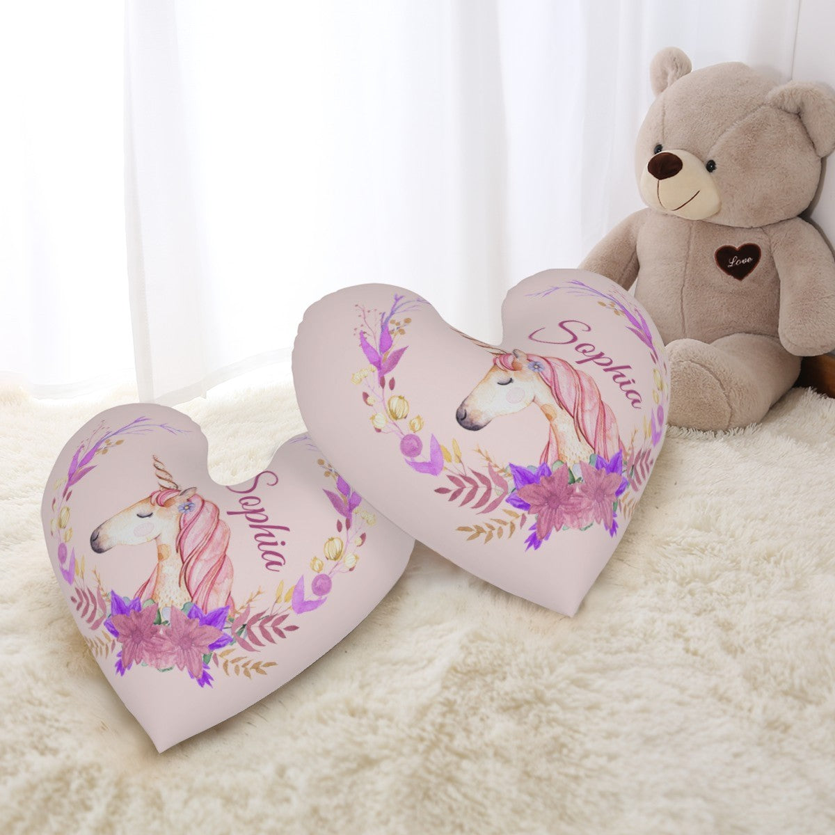 Personalized Unicorn Heart Pillow – Floral Custom Name Gift – Cotton Filling Included
