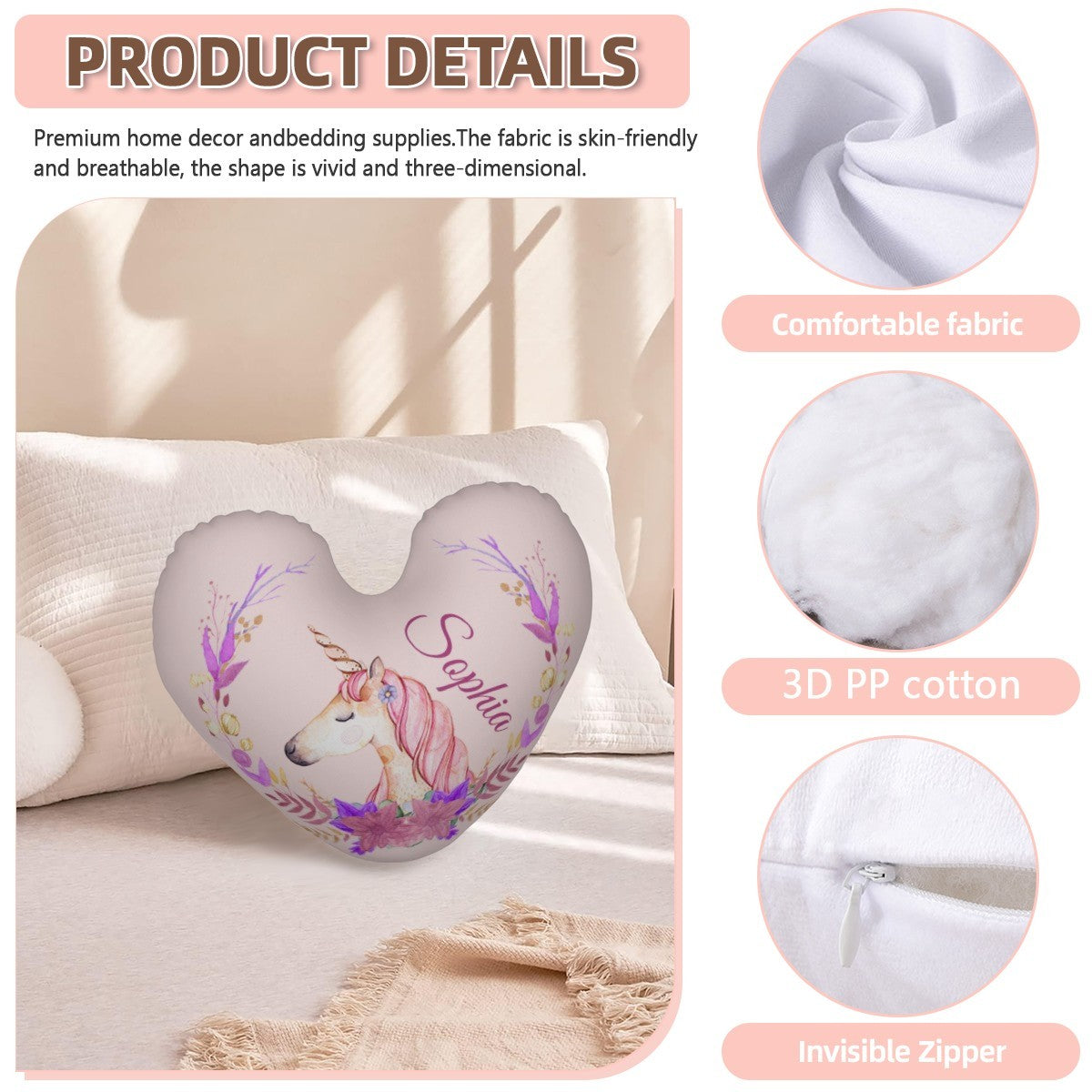 Personalized Unicorn Heart Pillow – Floral Custom Name Gift – Cotton Filling Included