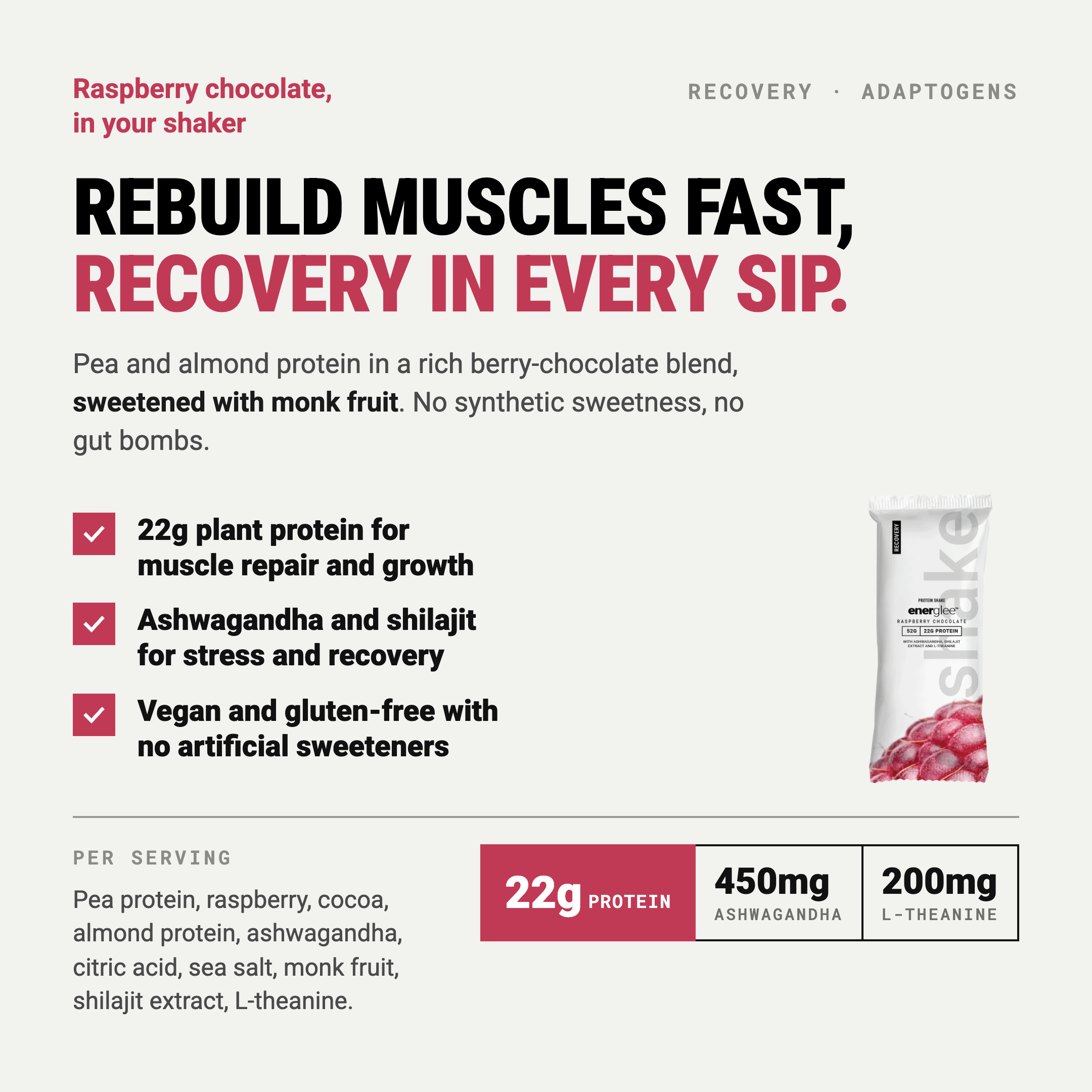 Chocolate Raspberry Recovery Protein Shake w/Adaptogens
