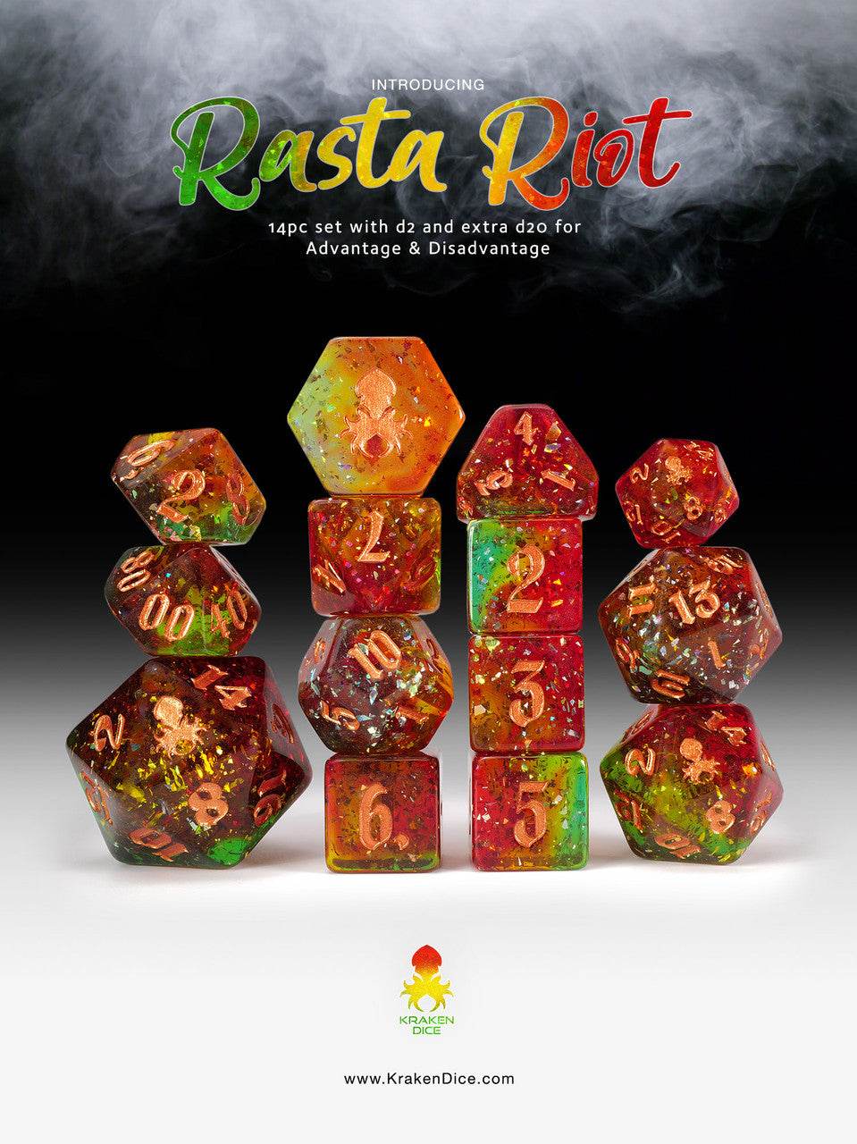 Kraken Dice Holo Foil 14pc TTRPG Dice Set - Rasta Riot