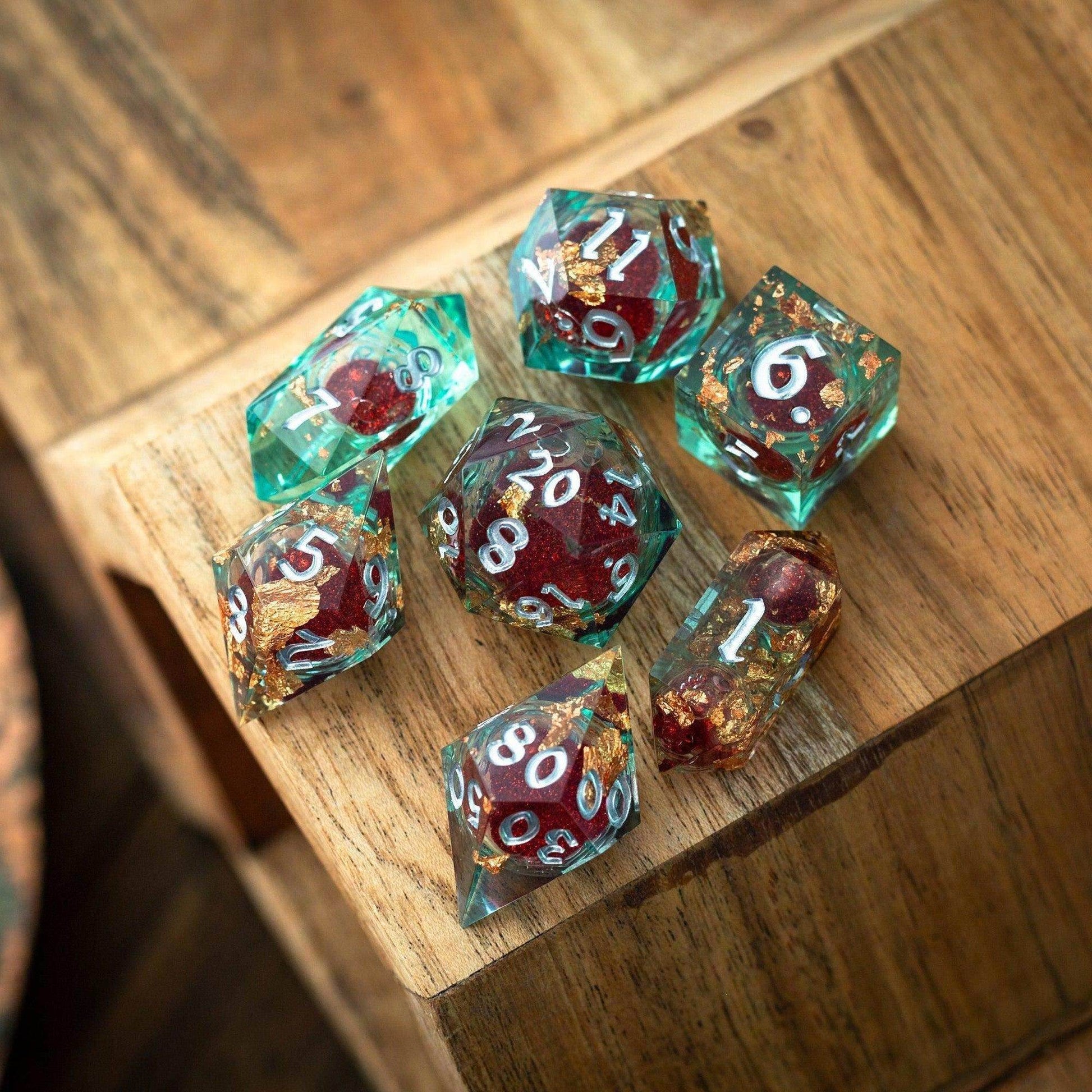 Red And Gold Glitter Liquid Core Handmade Resin DND Dice Set - 1 D20 (Not Full Set)