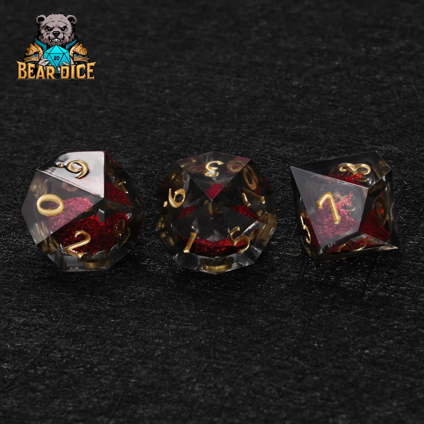 Red Liquid Core Resin D10 Dice Set + Gold Numerals (D10 Dice)
