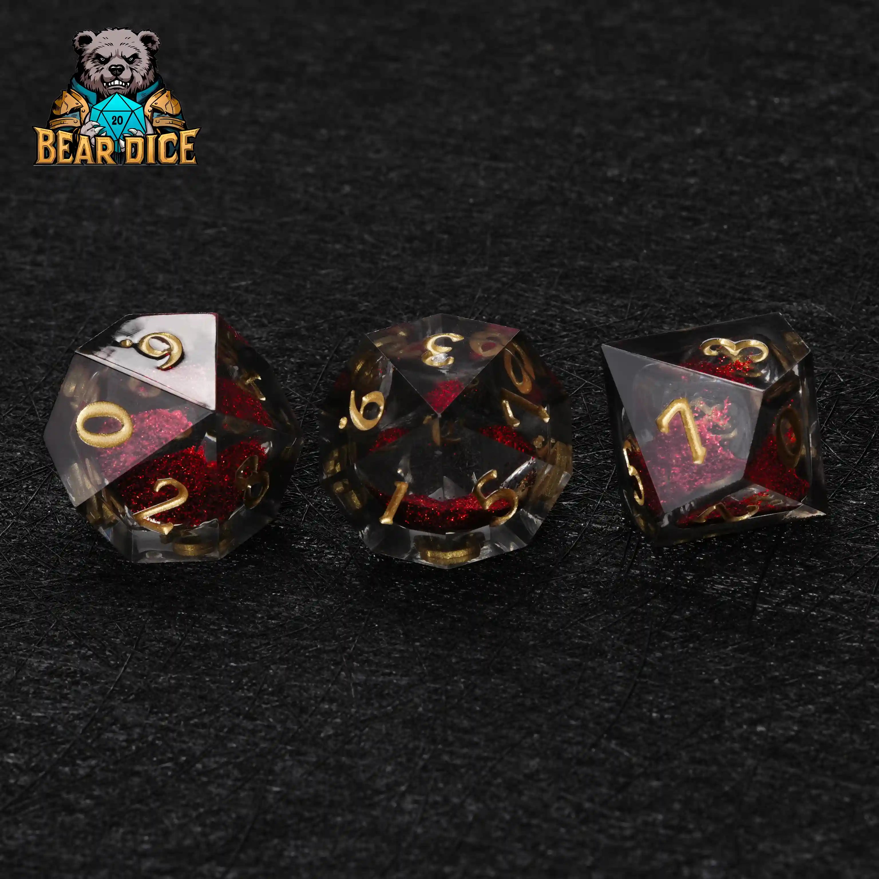 Red Liquid Core Resin D10 Dice Set + Gold Numerals (D10 Dice)