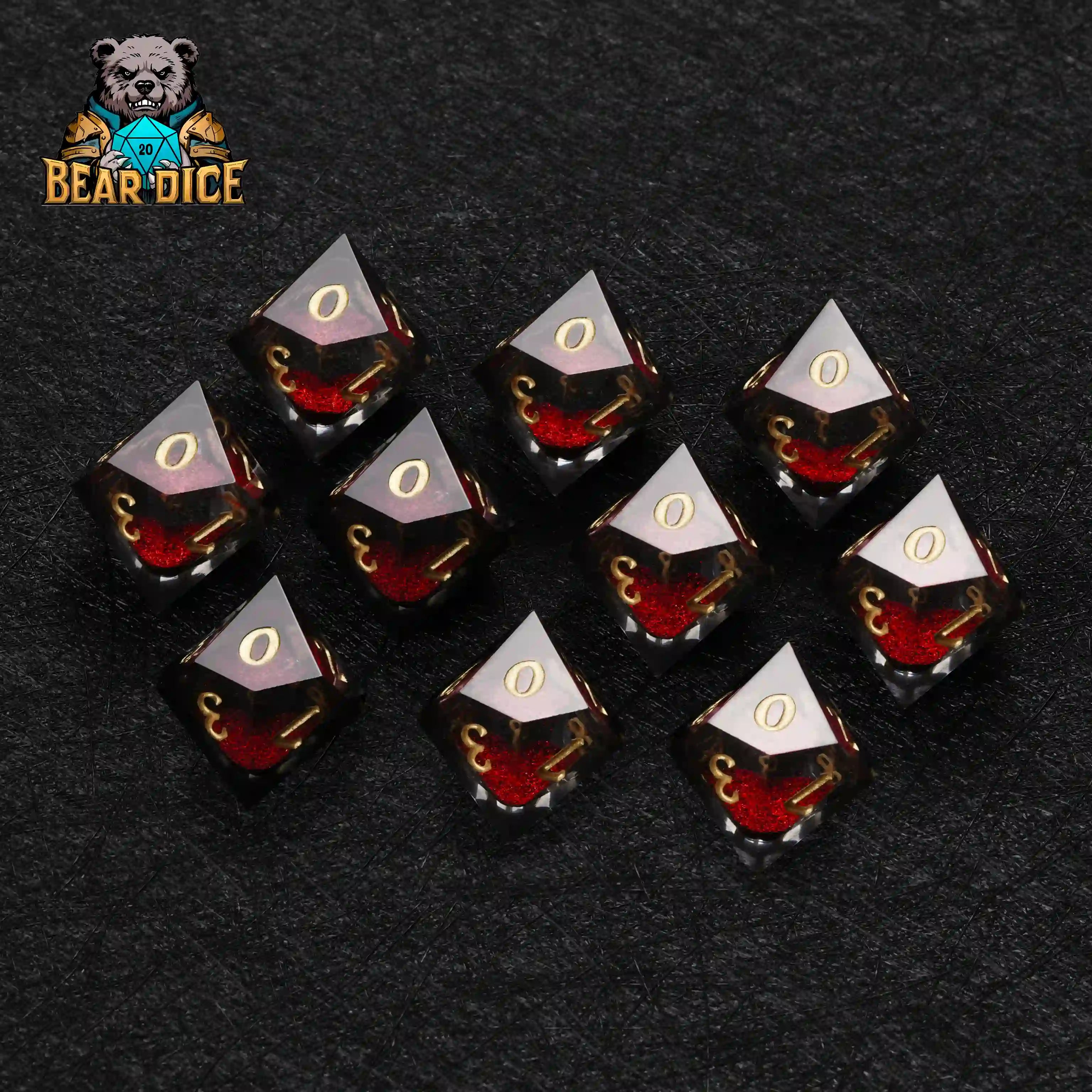 Red Liquid Core Resin D10 Dice Set + Gold Numerals (D10 Dice)