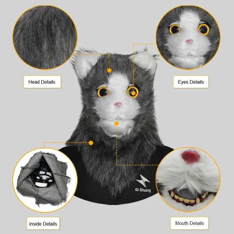 Movable Mouth Cat Mask – Realistic Full Head Cat Cosplay Mask