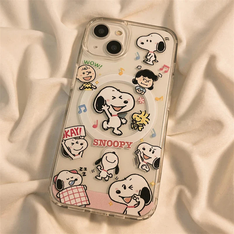 Snoopy Cute Cartoon With Magsafe Case For iPhone 16 15 14 13 12 11 Pro X Xs Max Hard Shell Magnetic Compatible Cover