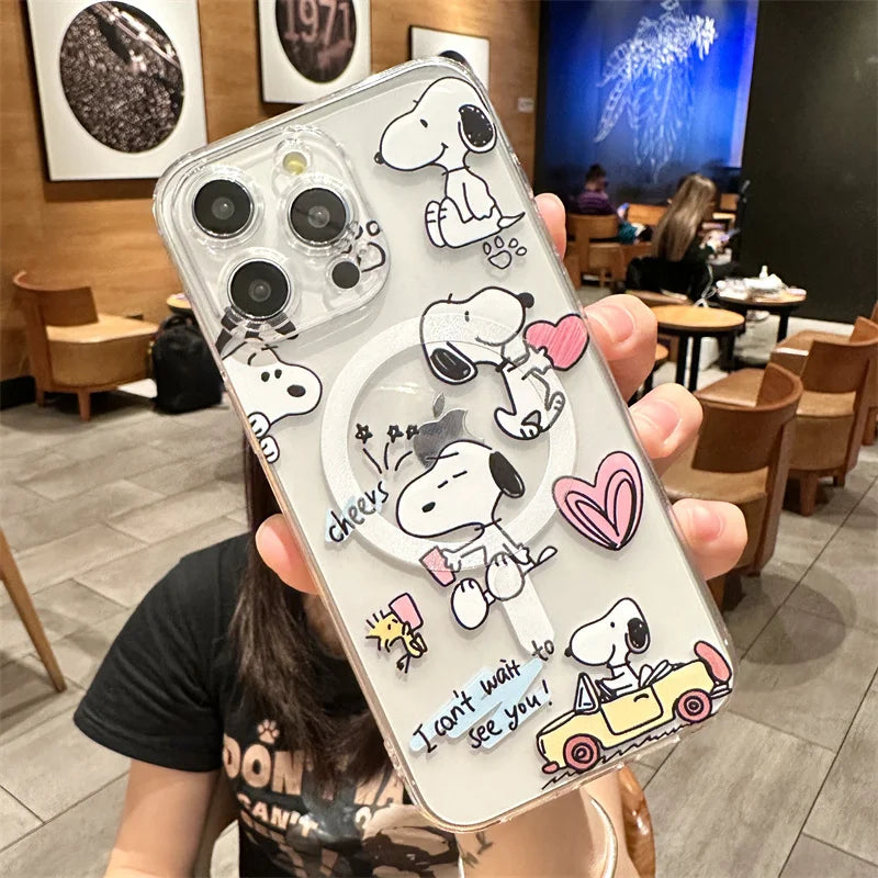 Snoopy Cute Cartoon With Magsafe Case For iPhone 16 15 14 13 12 11 Pro X Xs Max Hard Shell Magnetic Compatible Cover