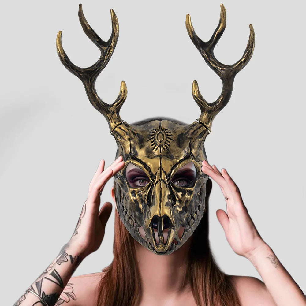 Demon Wendigo Elk Mask Cosplay Gothic Headpiece Animal Antlers Horn Bone Masks Halloween Carnival Purim Party Costume Props