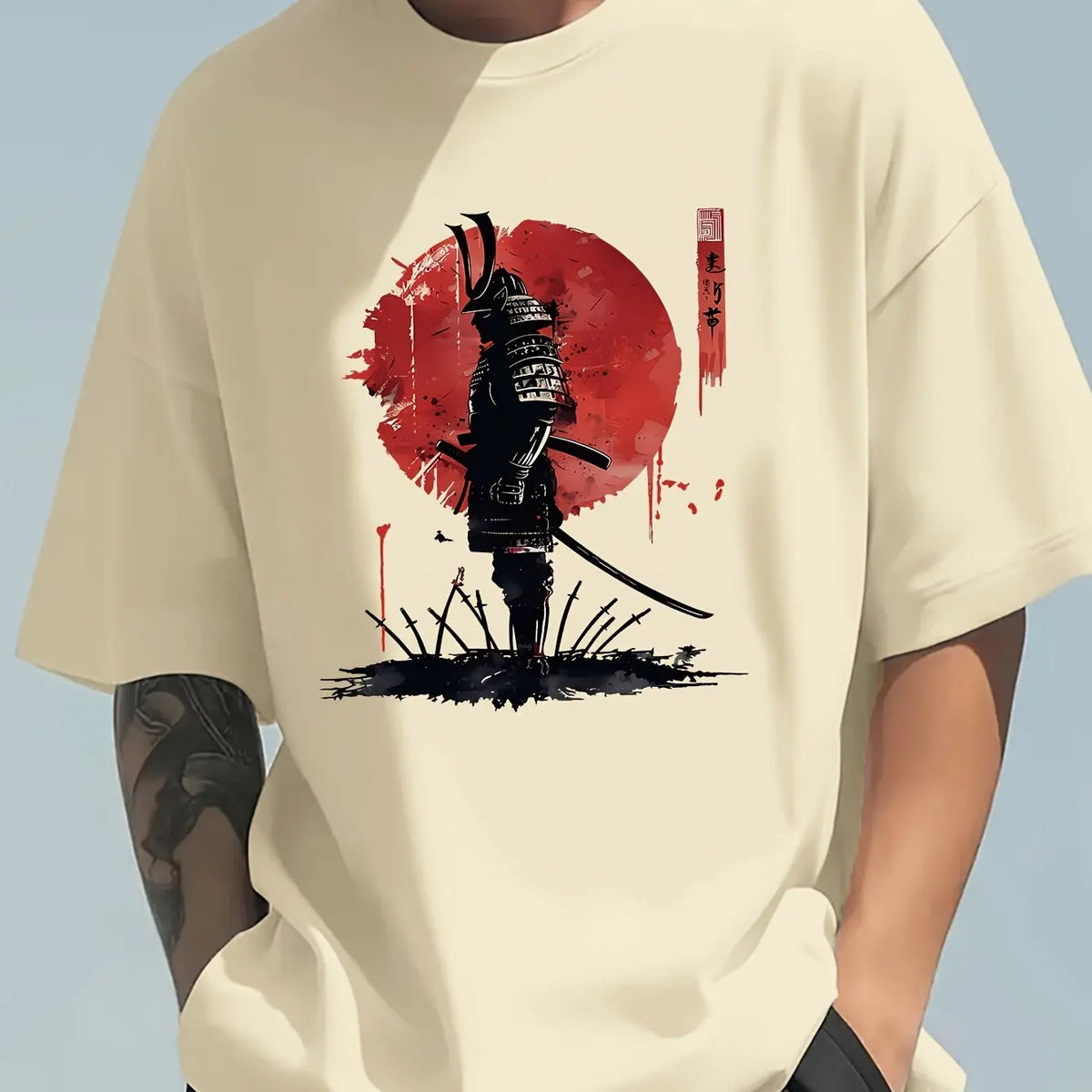 Japanese Samurai Pattern T-shirt 100 Cotton Summer Top