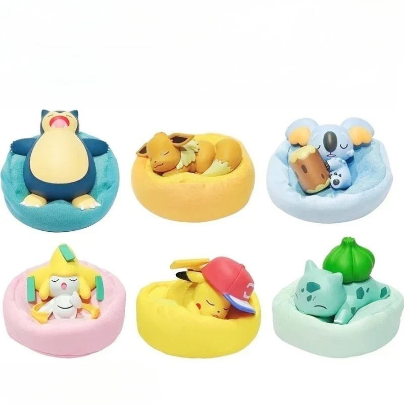 Mini Pokemon Anime Figurines, Sleeping Bean Bag Pikachu Bulbasaur Snorlax Evee Jirachi Komala 6pc Figure Set