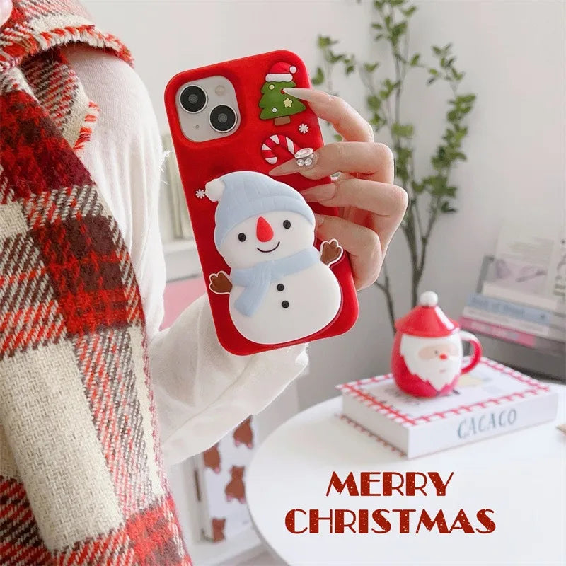 Cute 3D Cartoon Christmas Snow Man Telescopic Bracket Phone Case For iPhone