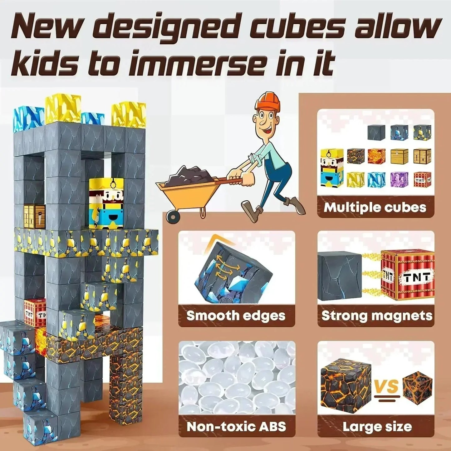 Magnetic Building Blocks Mine World Magnet Cube Set for Boy Girl Kid Age 3+ DIY Model Children Stem STEM Sensory Toy Gift