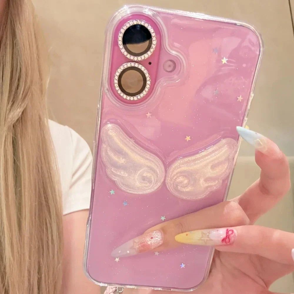 Korean INS Cute Glitter Shiny Angel Wings Phone Case For iPhone 16 15 13 12 11 Pro Max 14 Plus X XR XS Max Clear Cover Girl Gift