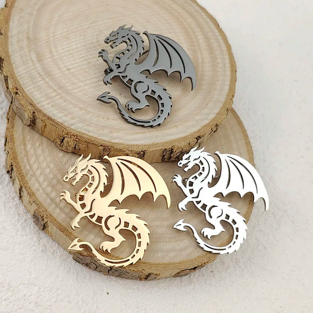 Creative punk style hollow wing dragon stainless steel gold-plated 18K brooch, black suit accessories, wedding matching set