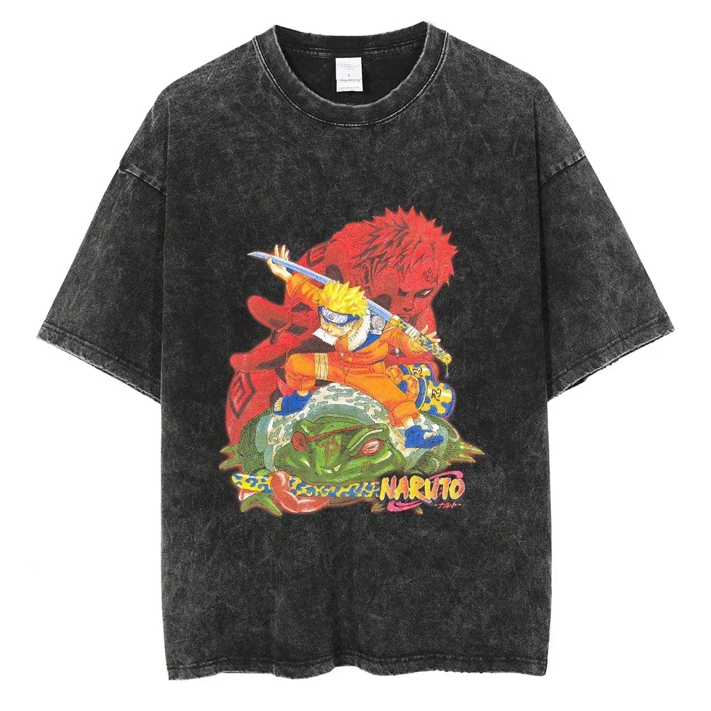 Naruto Rock Lee Streetwear T Shirt Vintage Washed Black