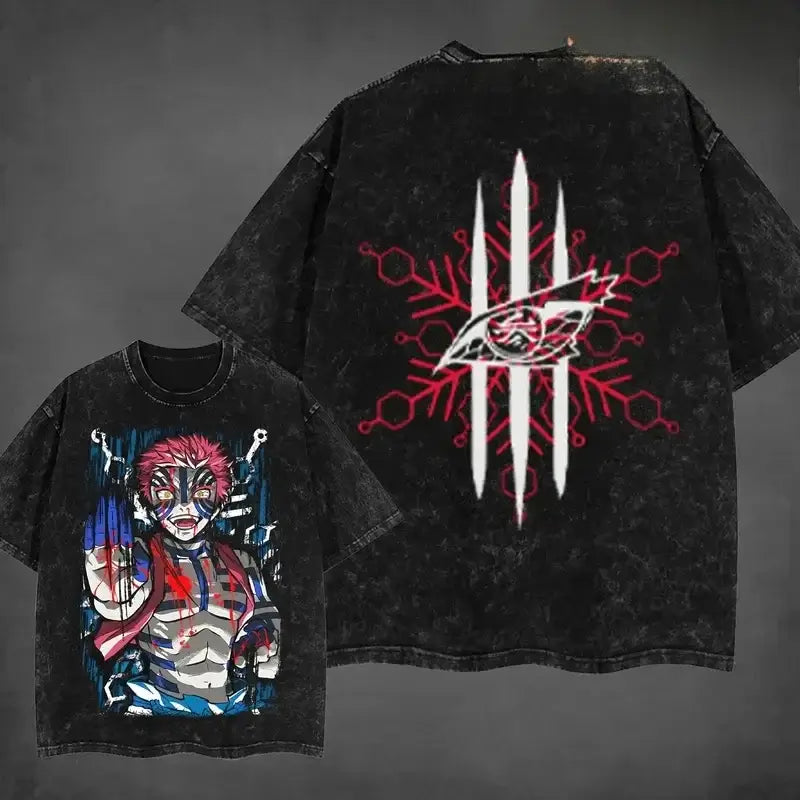 Washed Vintage Akaza T-shirt Demon Slayer Manga Graphic