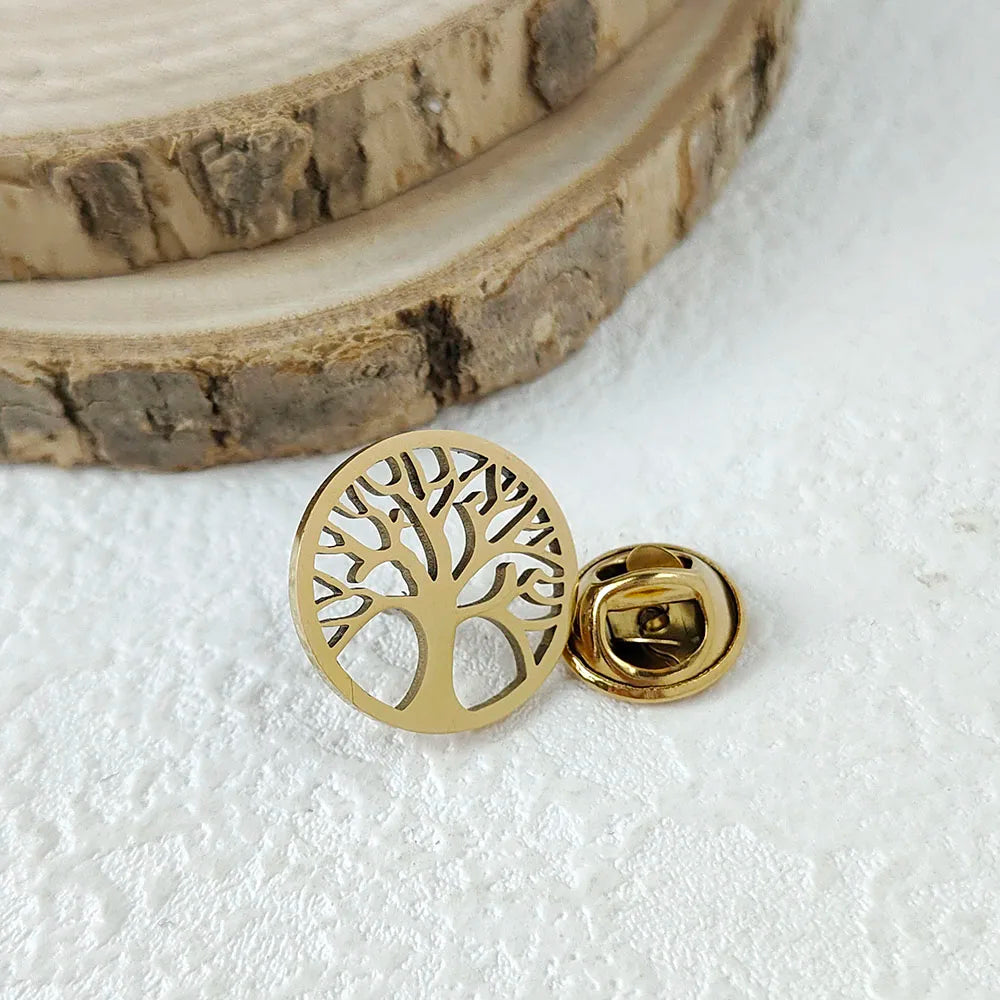 New punk style tree of life hollow stainless steel gold-plated badge, suit lapel pin waterproof black, men's brooch set
