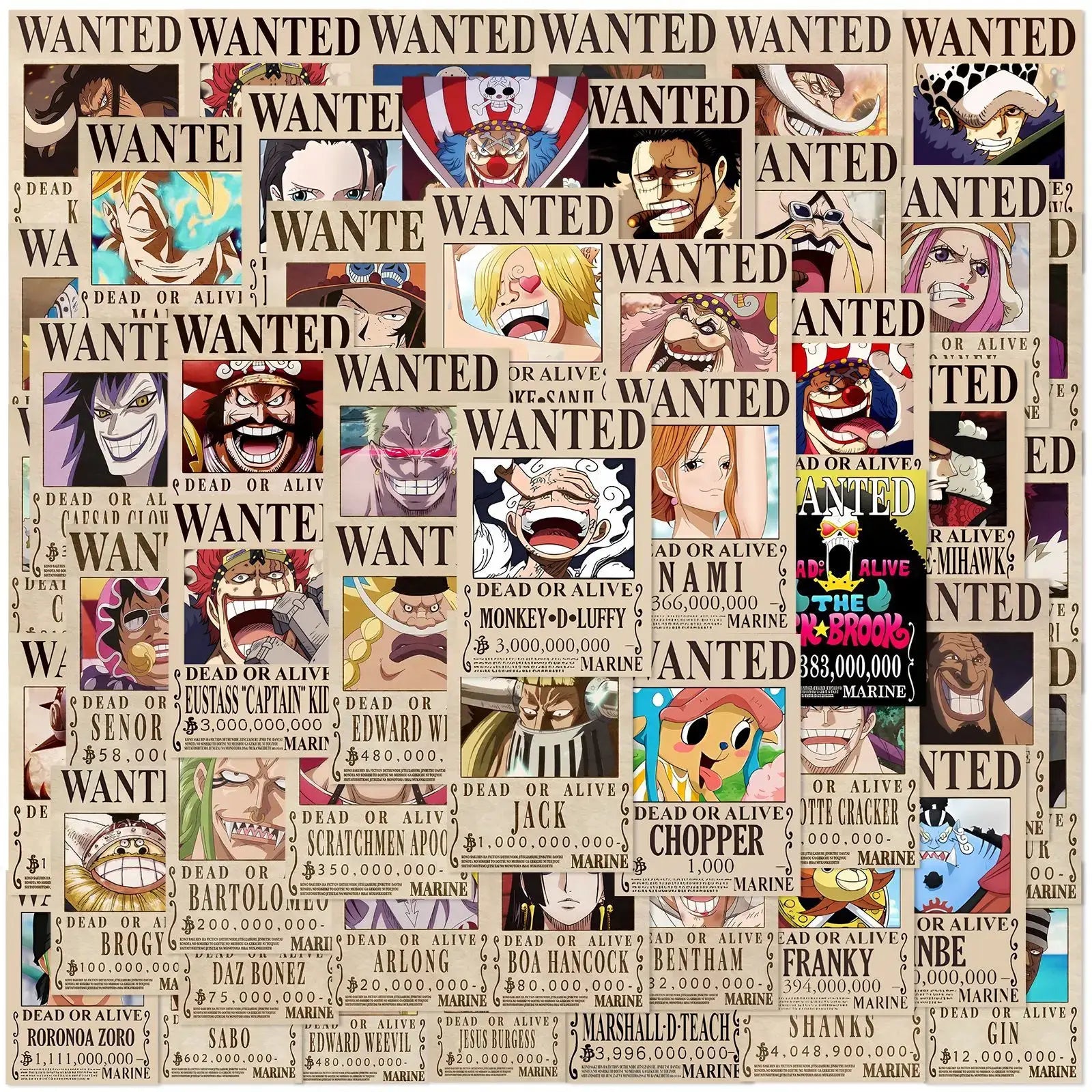 One Piece Wanted Posters Stickers: 50pcs Cool Anime Decals
