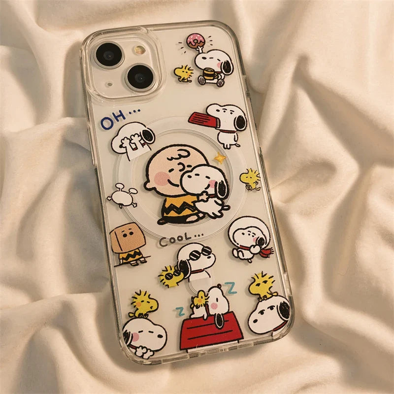 Snoopy Cute Cartoon With Magsafe Case For iPhone 16 15 14 13 12 11 Pro X Xs Max Hard Shell Magnetic Compatible Cover