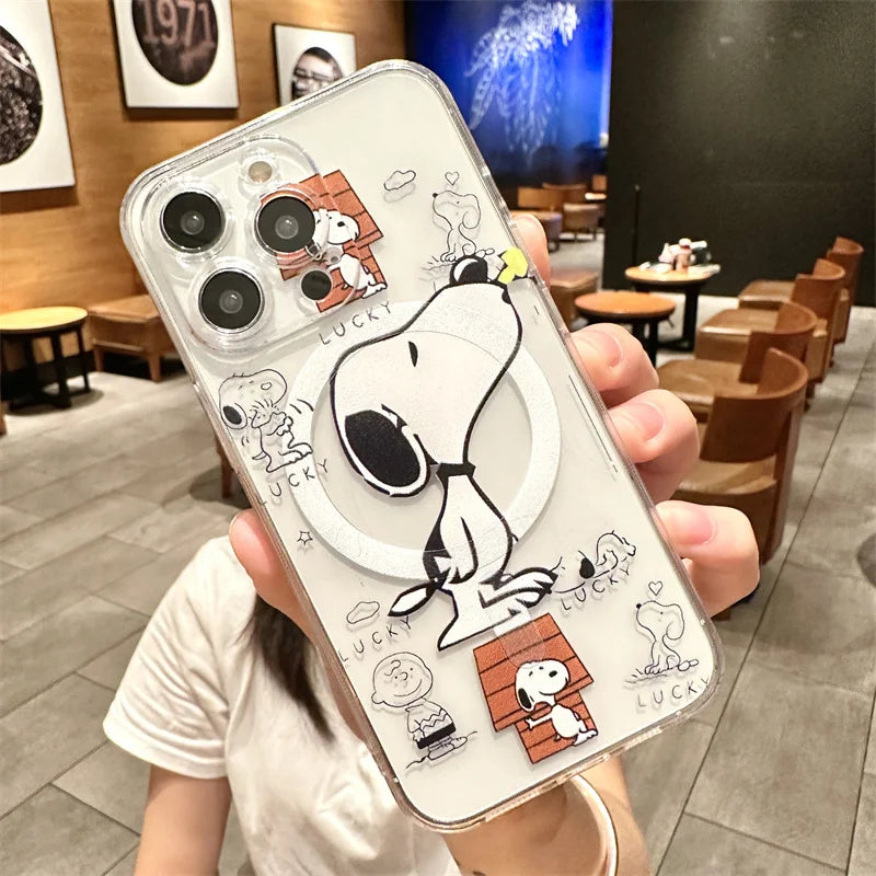 Snoopy Cute Cartoon With Magsafe Case For iPhone 16 15 14 13 12 11 Pro X Xs Max Hard Shell Magnetic Compatible Cover