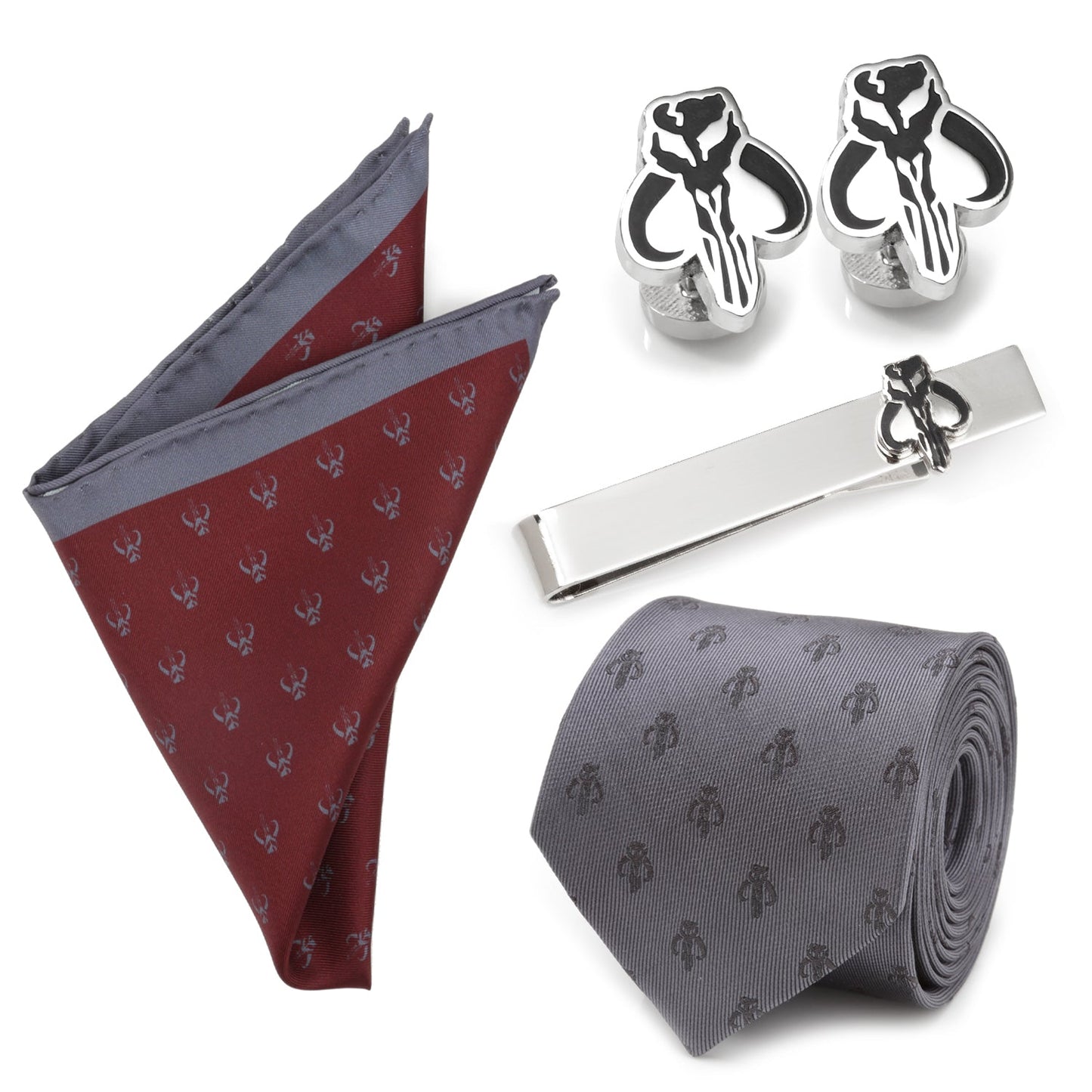Star Wars Mandalorian Mythosaur Gray Tie, Red Pocket Square, Cufflinks, and Tie Bar Gift Set