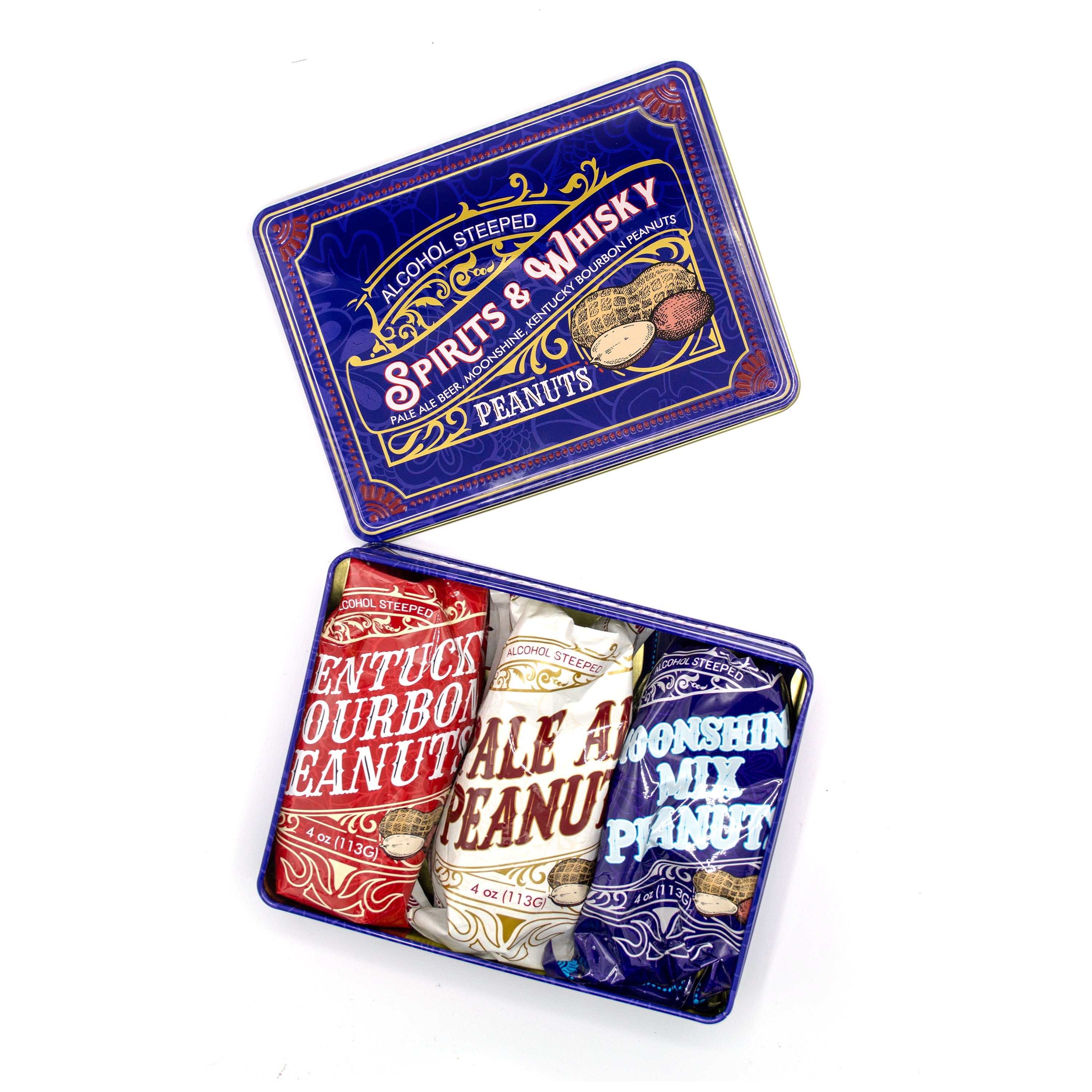 Spirits & Whisky Peanuts Men's Gift Tin – 3 Gourmet Flavors | Moonshine, Pale Ale & Bourbon Peanuts