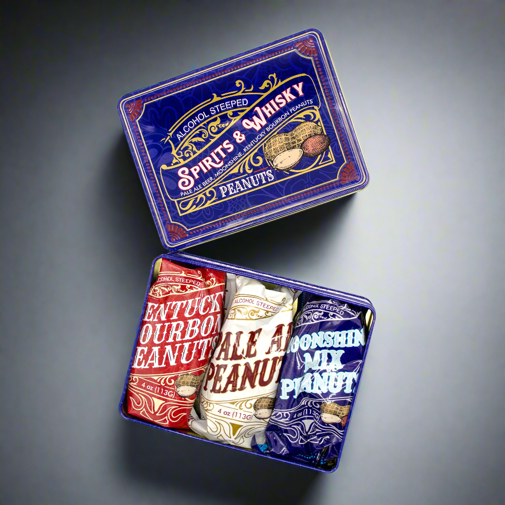 Spirits & Whisky Peanuts Men's Gift Tin – 3 Gourmet Flavors | Moonshine, Pale Ale & Bourbon Peanuts