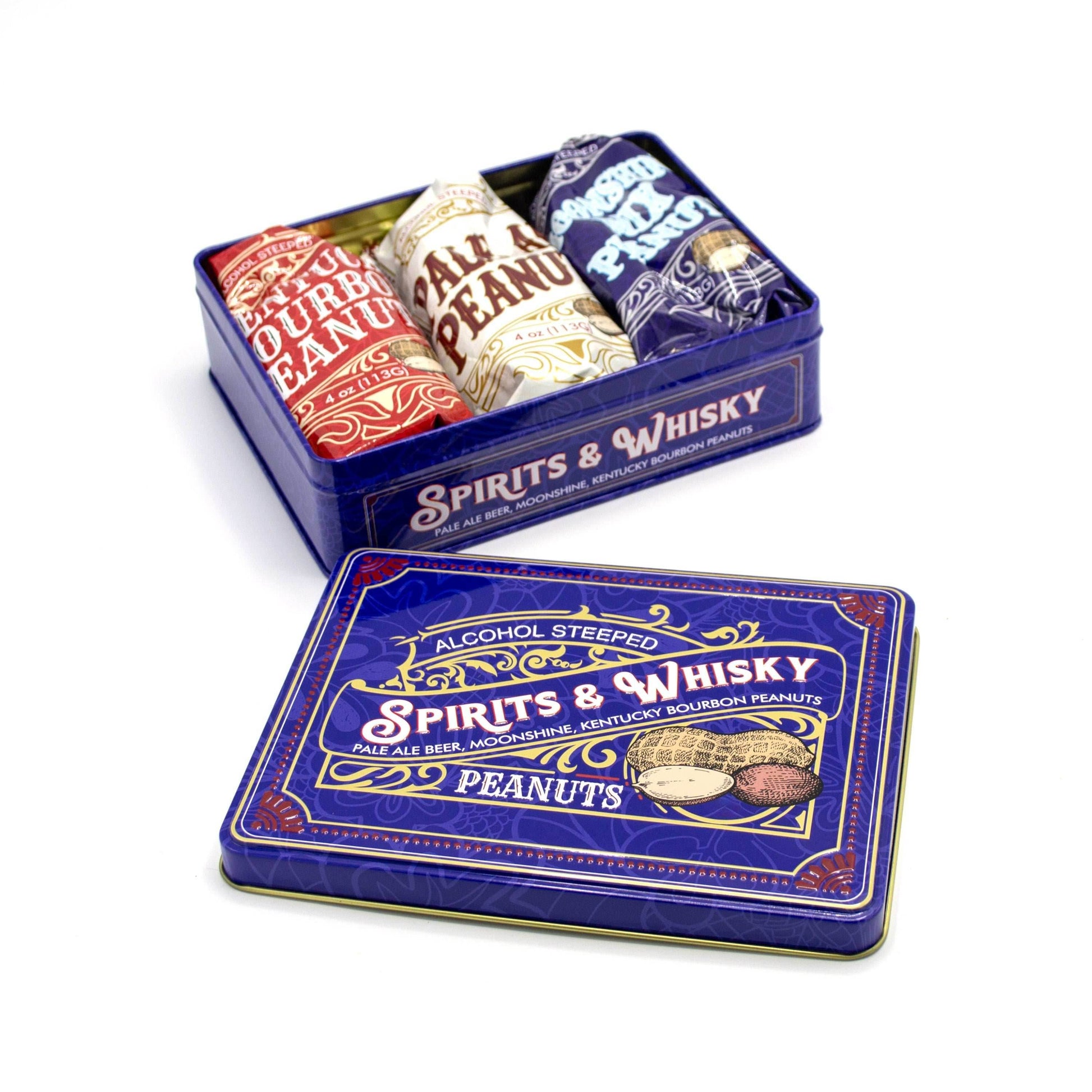 Spirits & Whisky Peanuts Men's Gift Tin – 3 Gourmet Flavors | Moonshine, Pale Ale & Bourbon Peanuts - 