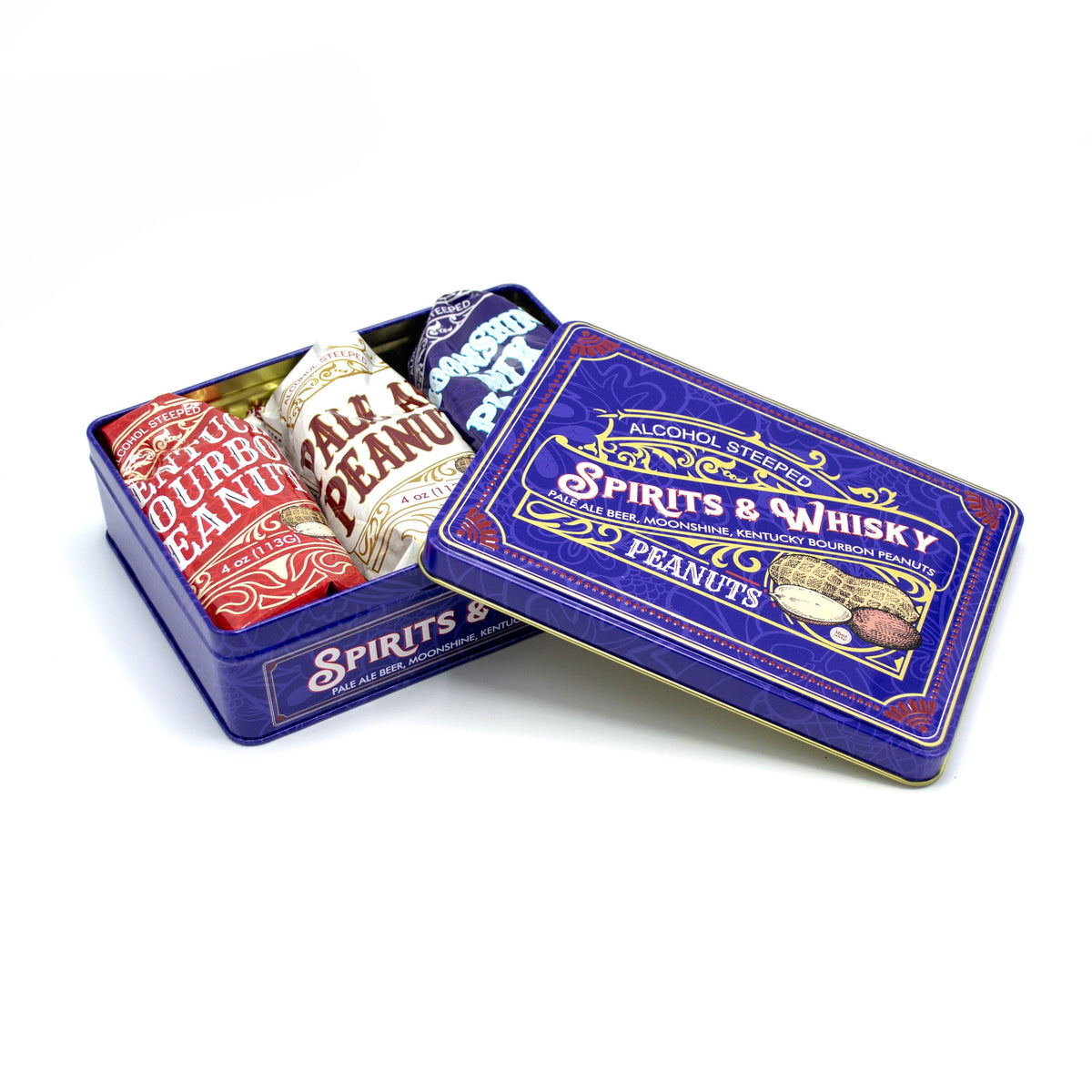 Spirits & Whisky Peanuts Men's Gift Tin – 3 Gourmet Flavors | Moonshine, Pale Ale & Bourbon Peanuts