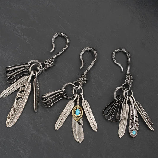 New Fashion Trends Vintage Aesthetic Metal Hook Keychain Charm Feather Turquoise Creative Waist Ornament Pendant