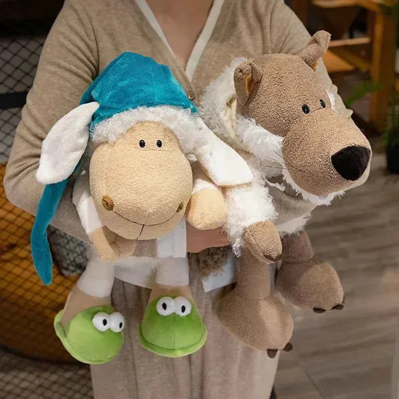 Kawaii Sleepy Sheep & Wolf Plush Toy – Creative Soft Stuffed Lamb Doll Holiday Gift (25–50cm)