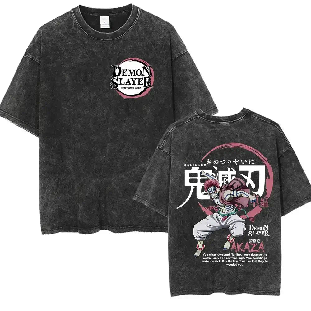 Washed Vintage Akaza T-shirt Demon Slayer Manga Graphic