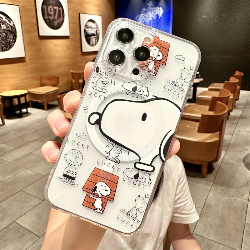 Snoopy Cute Cartoon With Magsafe Case For iPhone 16 15 14 13 12 11 Pro X Xs Max Hard Shell Magnetic Compatible Cover