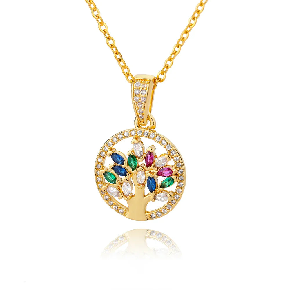 Zircon Tree of Life Round Pendant Necklaces For Women Stainless Steel Chain Choker Rhinestone Collar Jewelry Gift Femme