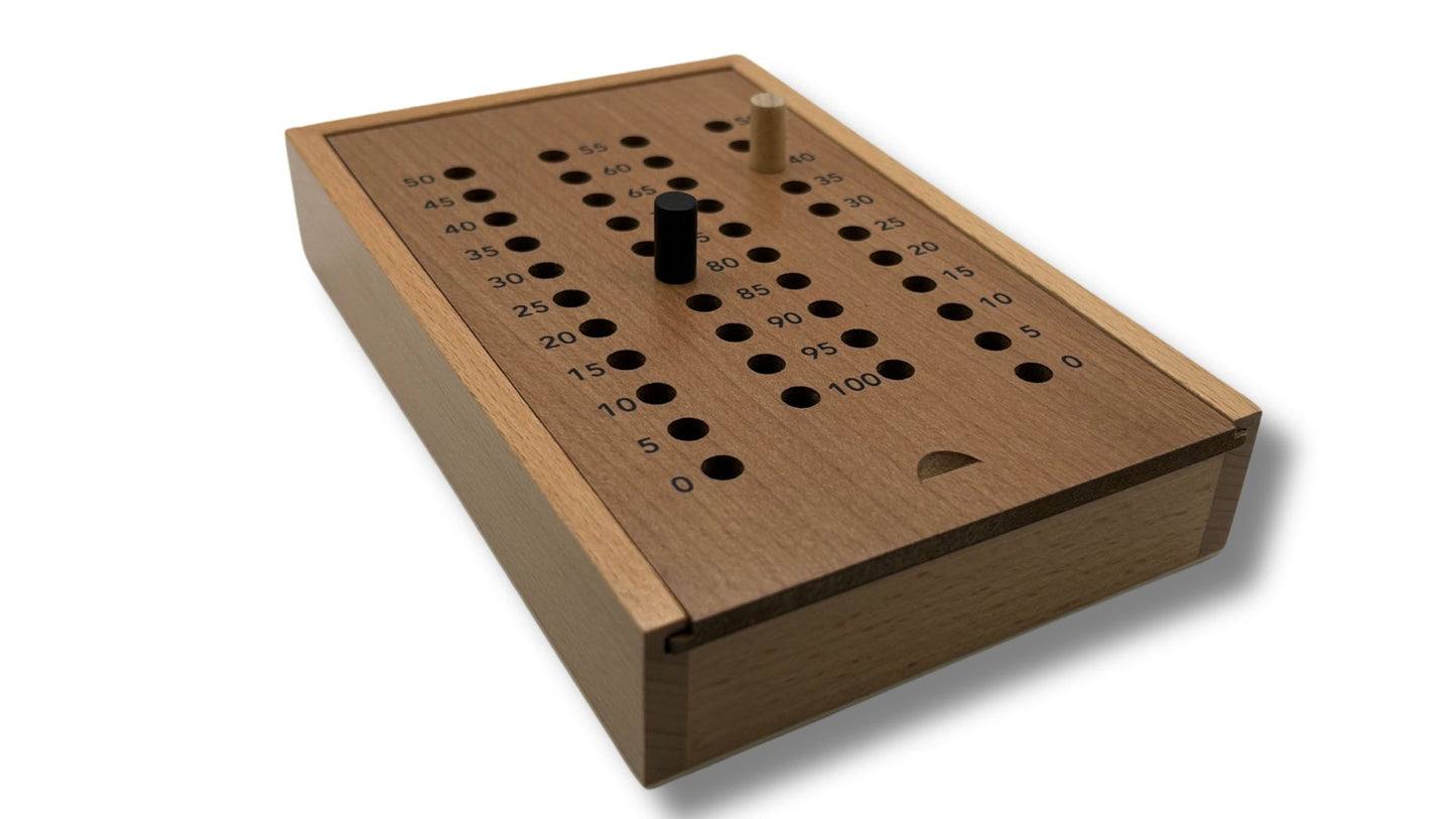 Magnetic Clasp Storage Box With  2 Pegs; Scoring Track for Std Crokinole + 28 discs (2024 Version)