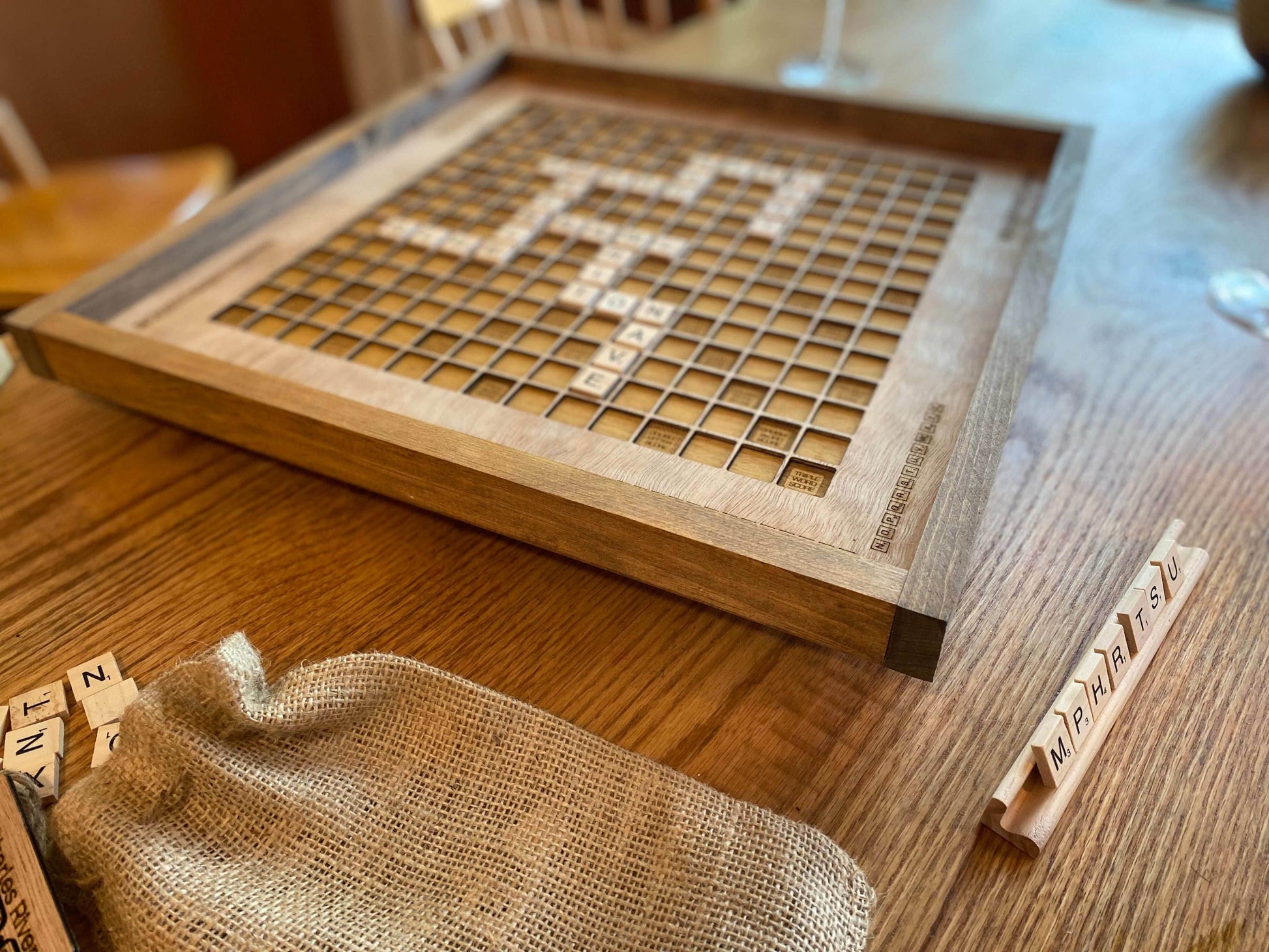 Rustic Wooden Scrabble Board with Rotating Lazy Susan - letter tiles and tile holders included. 100% Made in the USA - No thanks!