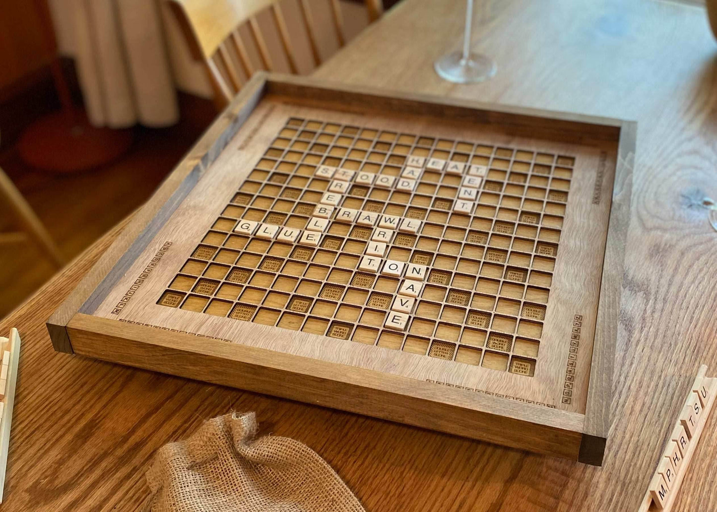 Rustic Wooden Scrabble Board with Rotating Lazy Susan - letter tiles and tile holders included. 100% Made in the USA - No thanks!