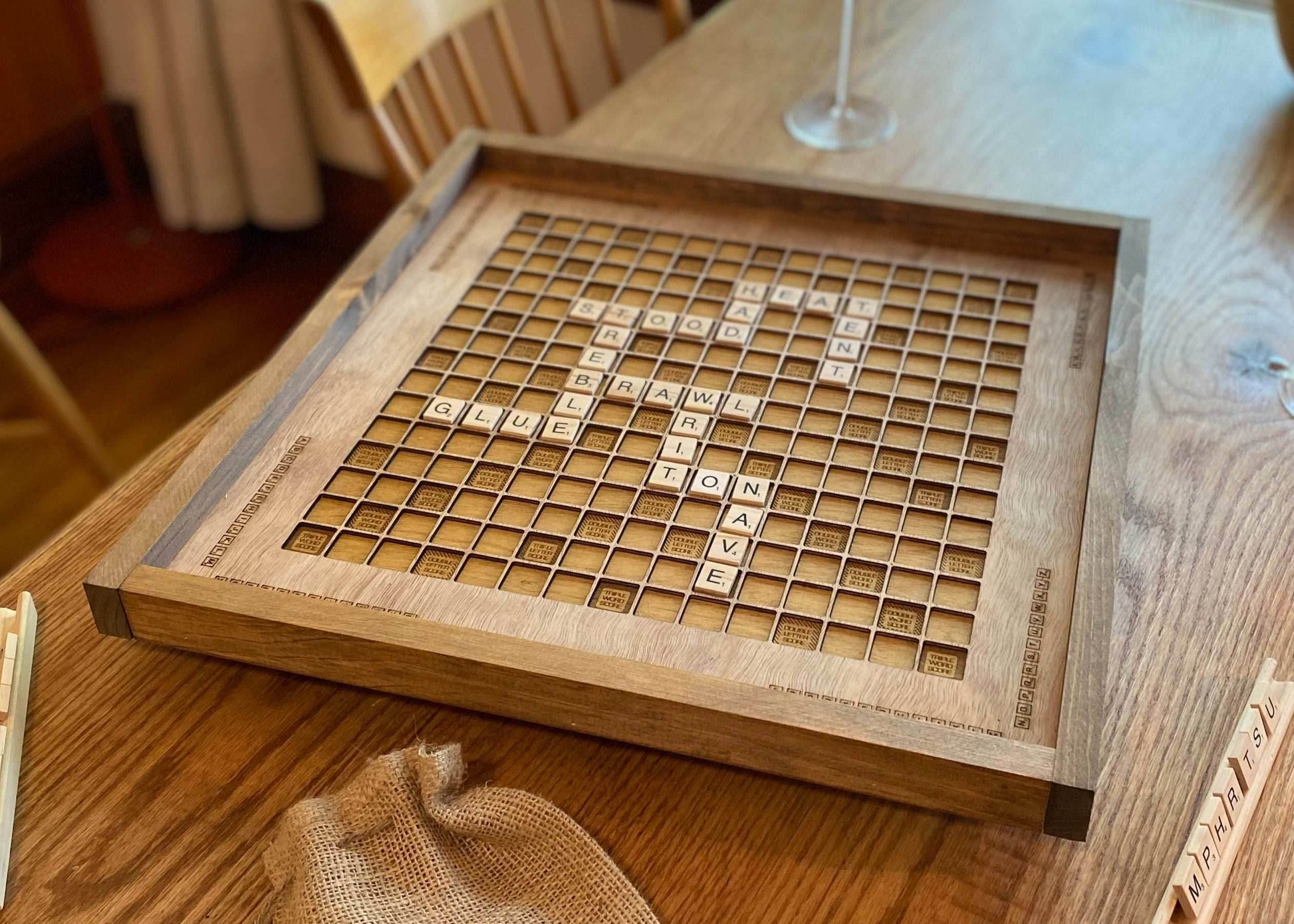 Rustic Wooden Scrabble Board with Rotating Lazy Susan - letter tiles and tile holders included. 100% Made in the USA - No thanks!