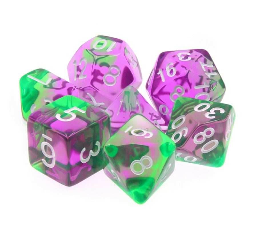 Violet Evergreen Translucent Purple/ Green Poly Dice Set with White (7) RPG DnD HdDice - 
