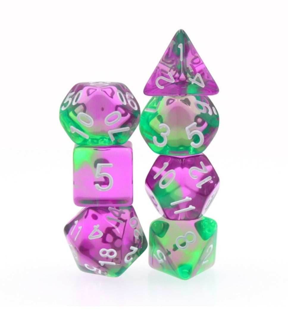 Violet Evergreen Translucent Purple/ Green Poly Dice Set with White (7) RPG DnD HdDice - 