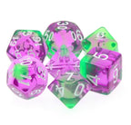 Violet Evergreen Translucent Purple/ Green Poly Dice Set with White (7) RPG DnD HdDice - 