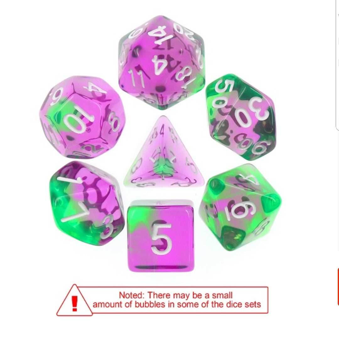 Violet Evergreen Translucent Purple/ Green Poly Dice Set with White (7) RPG DnD HdDice - 