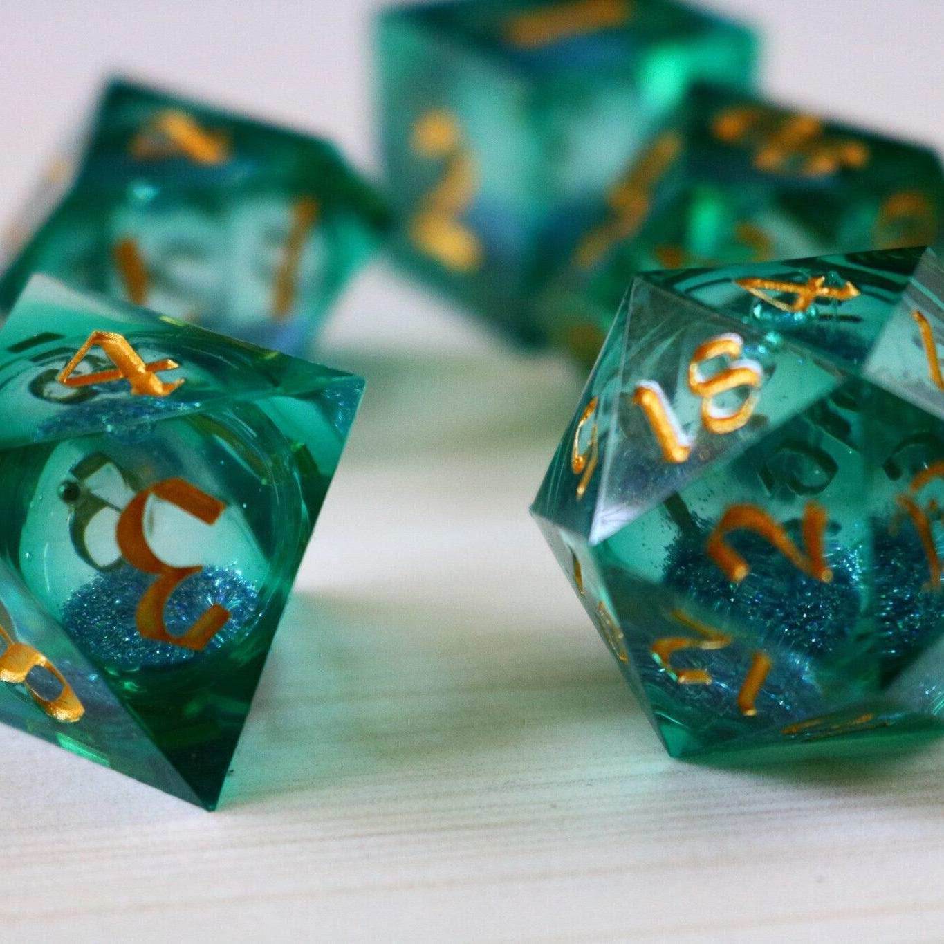 Sea Green Glitter Liquid Core Handmade Sharp Edge Resin DND Dice Set - Full Set And Free Dice Box