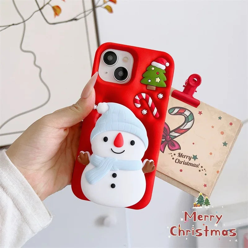Cute 3D Cartoon Christmas Snow Man Telescopic Bracket Phone Case For iPhone
