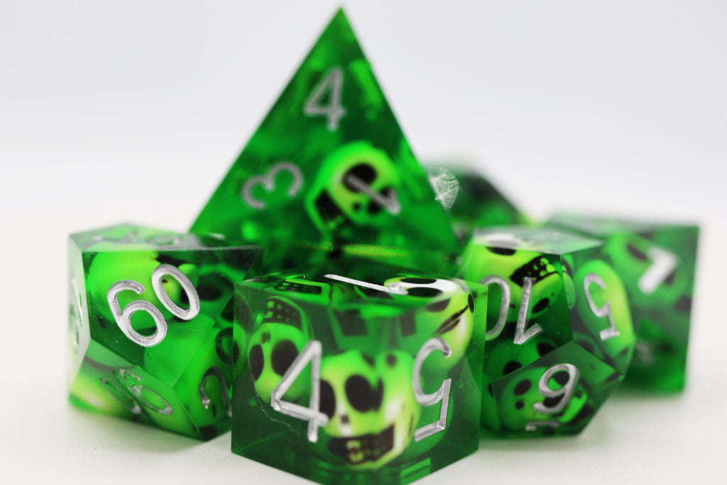 Sharp Edge Resin RPG Dice Set - Green Skulls - 